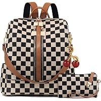 Canvas PU Ladies Backpack Purse with Cherry Pendant Work Travel Daypack Checkered Small Backpack Purse For Women – Nylon Shoulder  main image 4