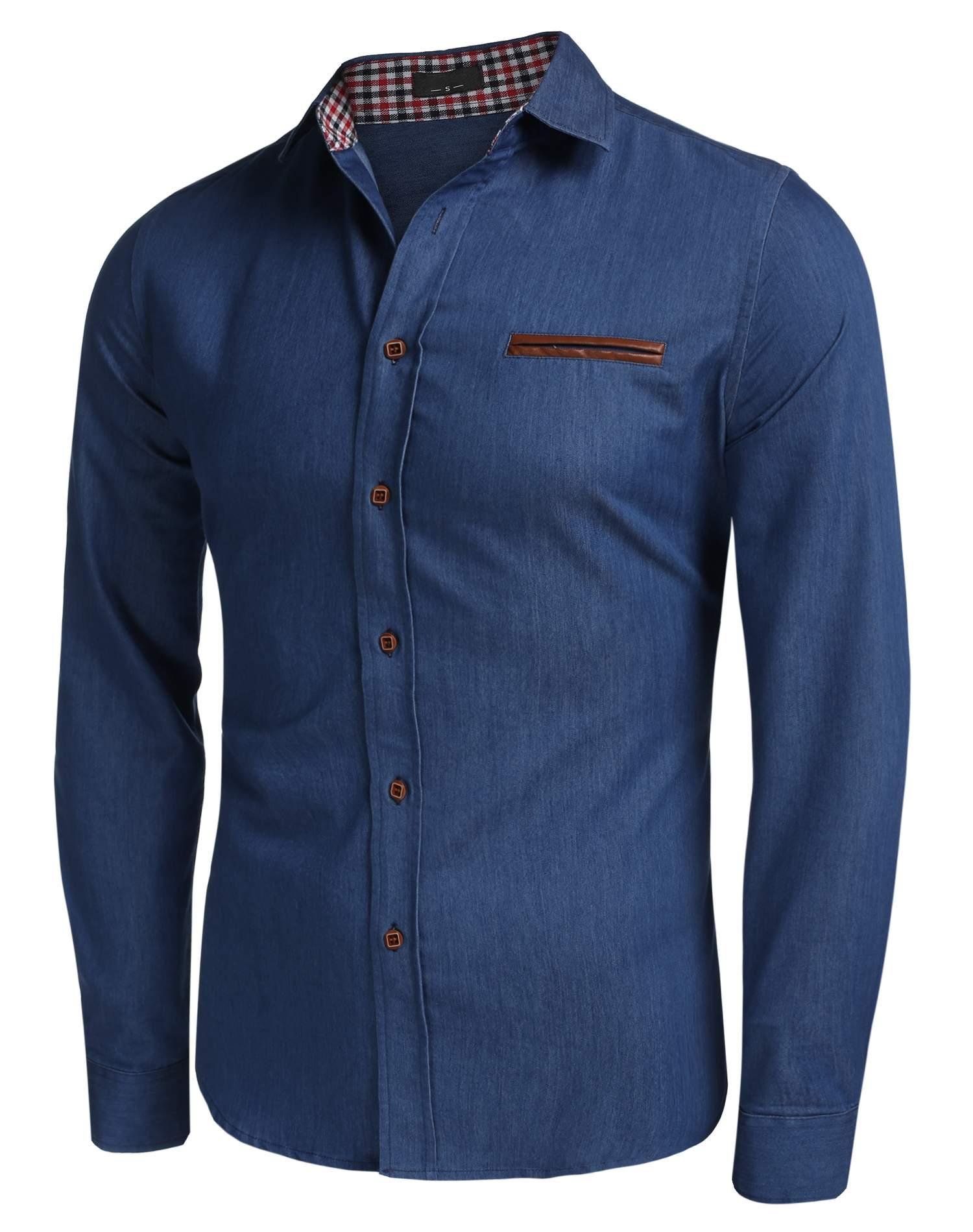 Coofandy Chemise Homme Coton Manche Longue Col Italien Décontracté Casual Bleu Foncé Taille L