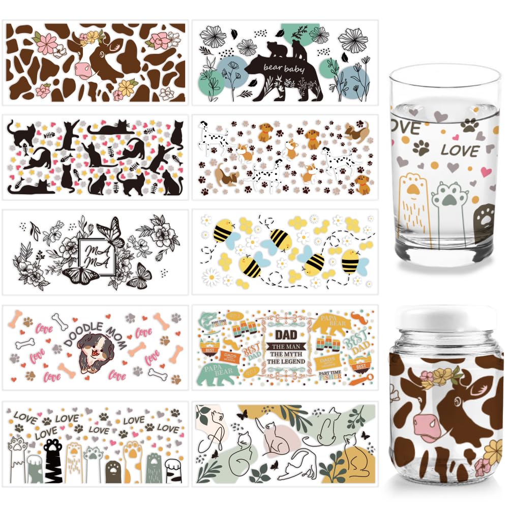 arricraft 10 Styles UV DTF Cup Wrap Transfer Sticker, Insects & Animals Rub on Stickers, Cat & Dog Cup Wrap Sticker, Waterproof Rub Decals for Craft Glass