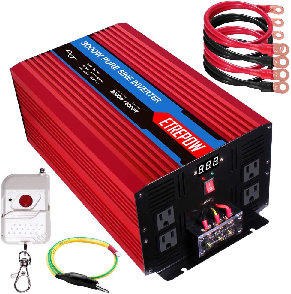 ETREPOW 3000 Watt /6000 Watt Pure Sine Wave Power Inverter 12V DC to 110V AC Power Converter Wireless Remote Control, Car Inverter for 4 AC Sockets and 2.1A USB Port.