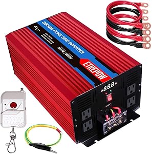 ETREPOW 3000 Watt /6000 Watt Pure Sine Wave Power Inverter 12V DC to 110V AC Power Converter Wireless Remote Control, Car Inverter for 4 AC Sockets and 2.1A USB Port.