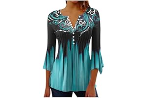 GENERIC Womens Tunic Tops 2023 Long Sleeve T Shirts Cute Print Tees Loose Fit Trendy Henley Tshirt Casual Dressy Blouses