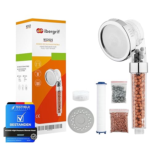 Ibergrif M22025 Shower Head with Beads Filter, 3 Mode Shower Head Filter, Universal Hard Water Softener with Extra Replaceable Accessories