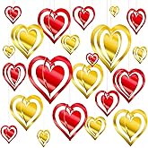 WEEPA 24 Pcs Valentines Decorations Hanging Hearts from Ceiling 3D Red Gold Heart Valentine's Day Hanging Decorations for Wedding Bridal Shower Engagement Anniversary