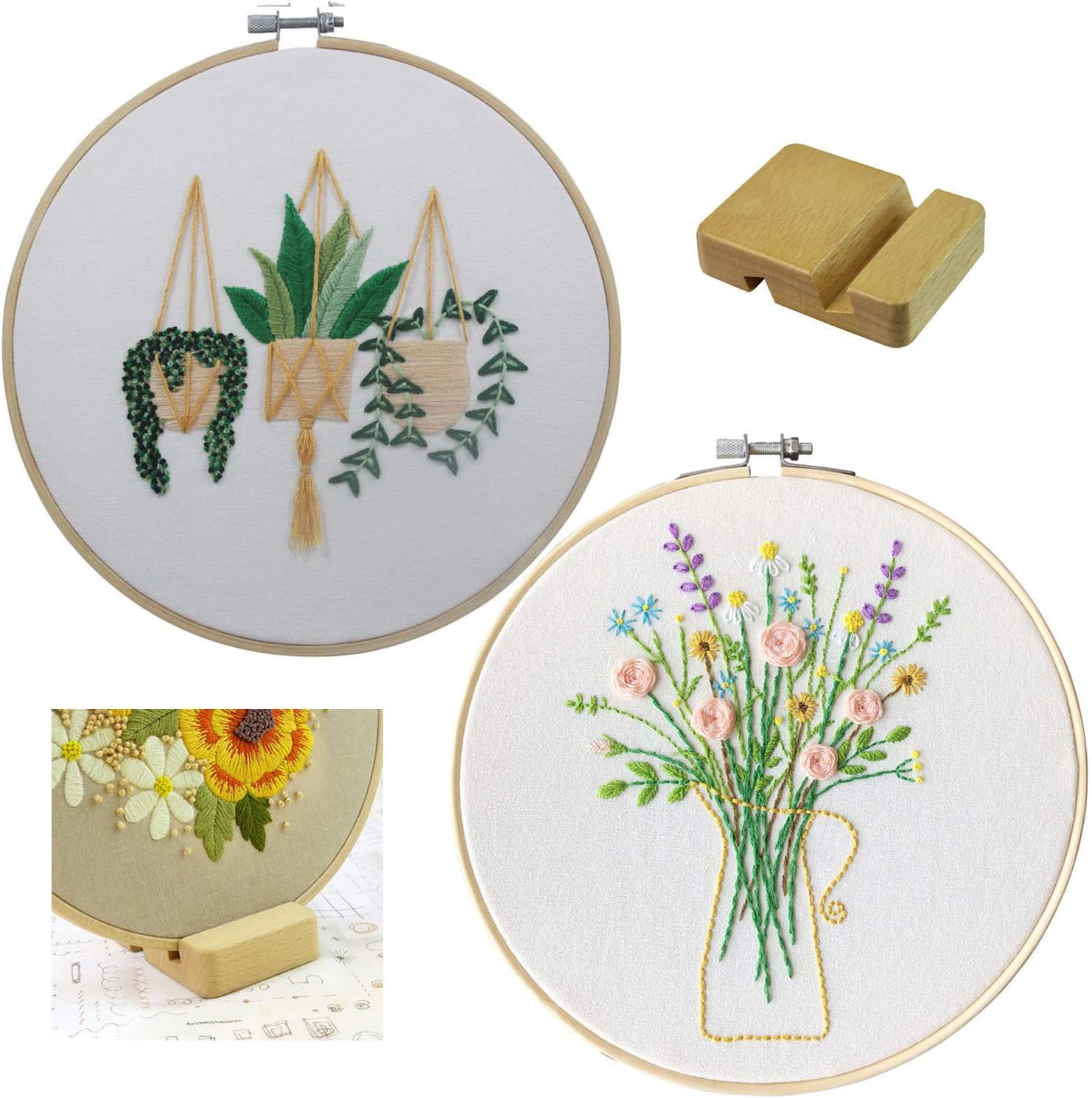 2 Sets Embroidery Kits, Full Range of Embroidery Starter Kit with Pattern DIY Stitch Kit for Beginner Including Cloth, Hoop, Threads, Tools Kit