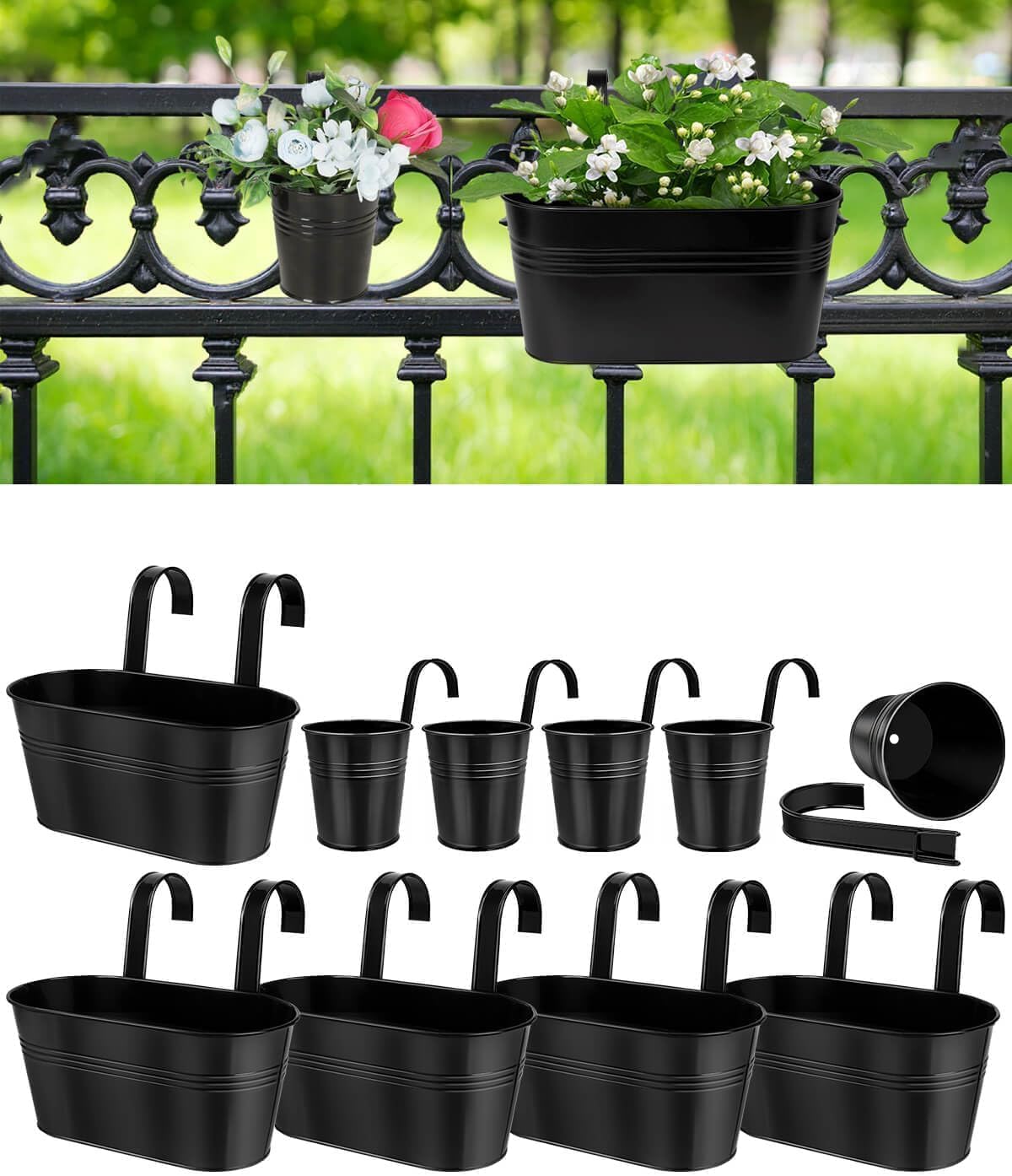 5 Pcs 27 CM Metal Railing Planter for Outdoor Plants – 5 Pcs 9.9 CM Balcony Hanging Flower Pots with Detachable Hooks, Drainage Holes, Oval Bucket Rail Box Fence Planters for Home Garden Décor, Black