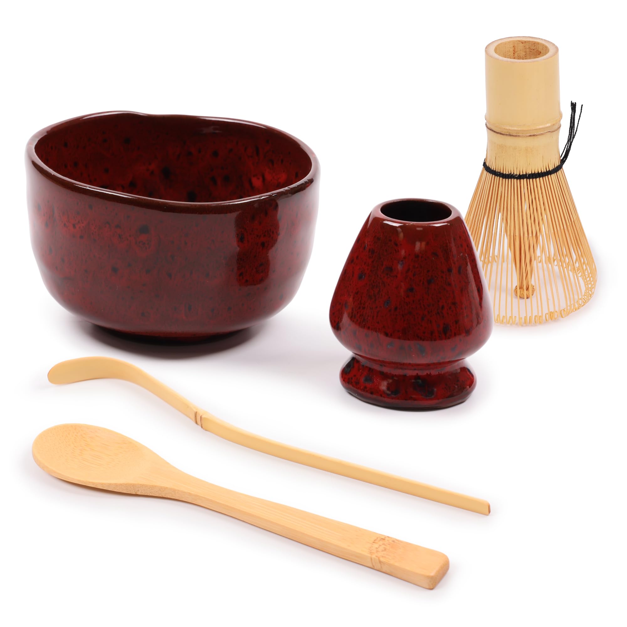 BambooMN Brand - Matcha Bowl Set (Includes Bowl, Rest,Tea Whisk, Chasaku, & Tea Spoon) 1 Set Deep Red w/Black