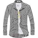 OCHENTA Men's Plaid Shirt Long Sleeve Button Down Flannel Casual Fall Tops P022 Black White 2XL
