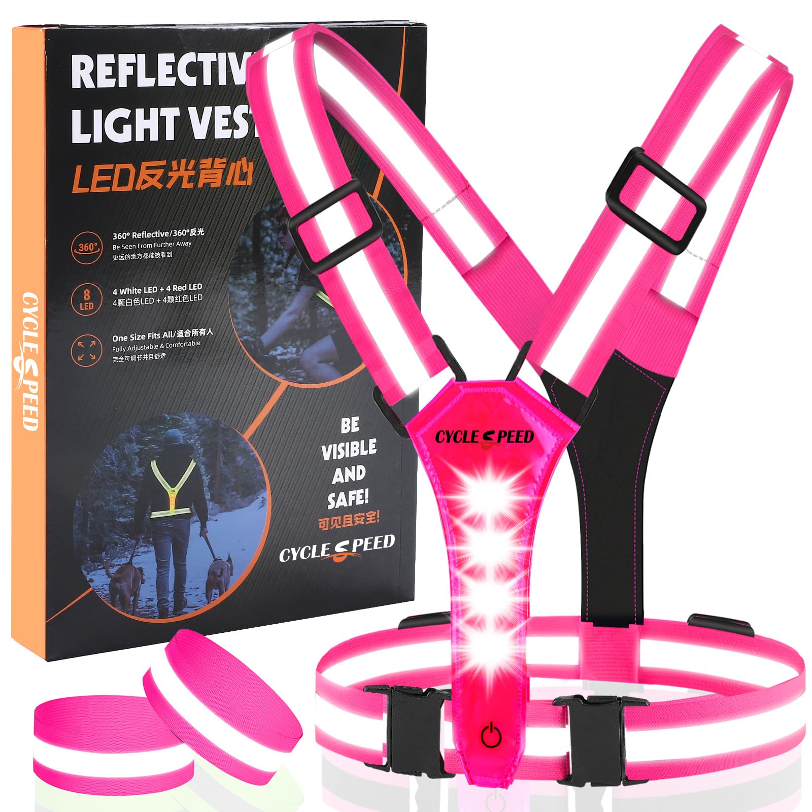 CYCLESPEED LED Running Vest with Red Back Light, High Visibility Running Lights for Runners, Elastic Adjustable Night Walking Light Up Vest, USB Rechargeable Running Gear for Jogging Walking (Pink)