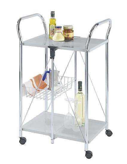 WENKO 900060100 Kitchen and utility trolley Sunny silver - foldable, Powder-coated metal, 22.2 x 35.6 x 17.3 inch, Silver