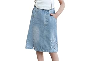 Knee Length Denim Skirt Girls Star Embroidery Elastic Waisted Midi Jean Dress with Pockets Kids Retro Washed Skirts