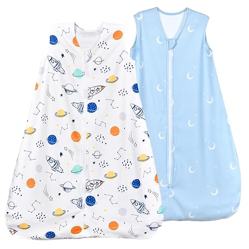 david's kids Micro Fleece Baby Sleep Sack 18-24 Months, Soft Warm Baby Wearable Blankets with 2-Way Zipper, 2 Pack Comfy Sleeping Bags for Toddler Boys Girls Neutral, X-Large Size, Space