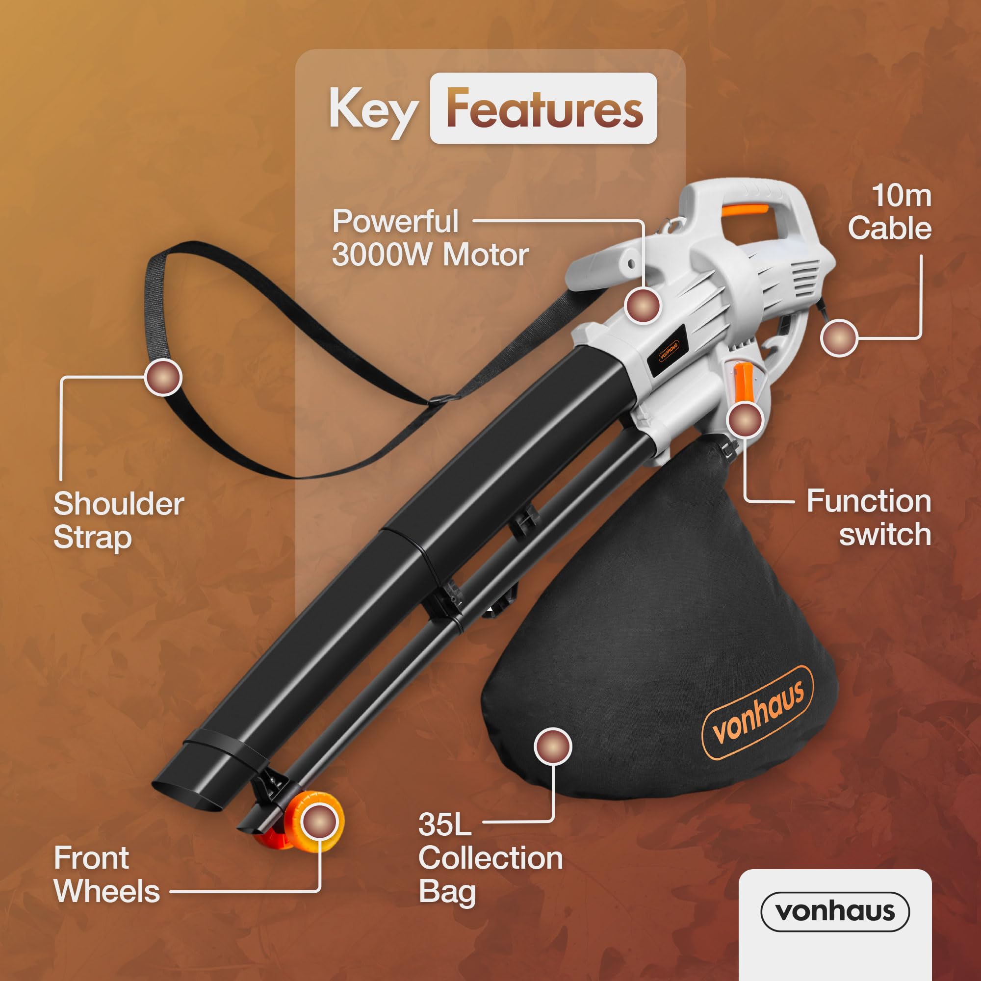 VonHaus Leaf Blower and Vacuum 3000W – Corded Leaves Collector, Clear Gardens, Patios, Gutters, Driveways & More – Lightweight, 10m Cable, Shoulder Strap, Wheels, 35L Collection Bag – 3 Year Warranty