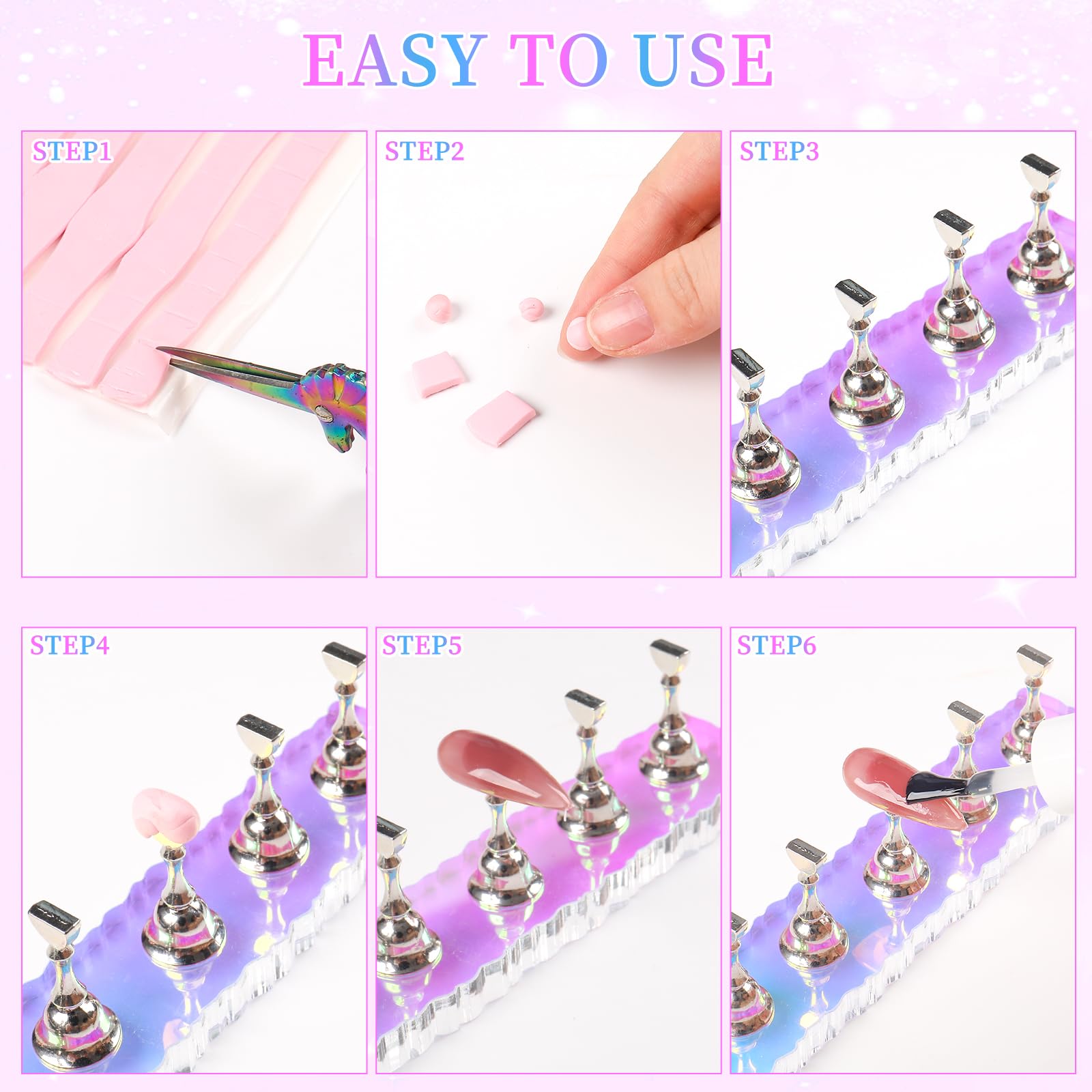 ANGNYA 2 Set Nail Stand, Aurora Nail Holder for Painting Nail Stand for Press on with 96 Pcs Reusable Sticky Putty Nail Display Stand Nail Hand Practice Magnetic Nail Art Tools for Homes and Salons - Image 7