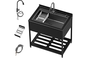 DONIKS Stainless Steel Utility Sink, 36.6" × 24.2" × 36.6"Freestanding Sink with Cold and Hot Water Faucet,Hoses and Drain Kit for Kitchens, Bathrooms, Garage, Laundry Room