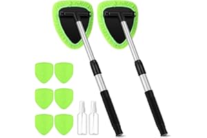 Baderke 10 Pcs Windshield Cleaner Tool Car Window Cleaning Supplies with Extendable Handle Include 6 Washable Microfiber Bonnets 2 Empty 60ml Spray Bottle Glass Wiper Kit (Green)