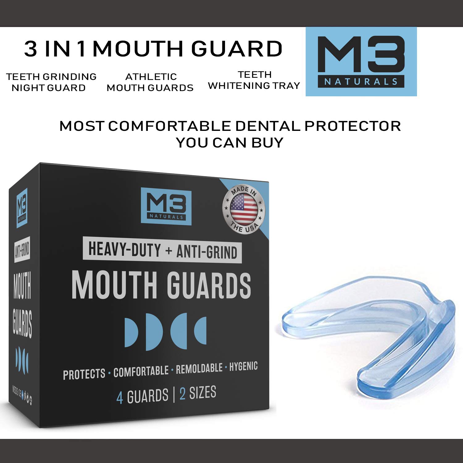 M3 Naturals Heavy Duty Mouth Guards for Teeth Grinding Clenching Bruxism Moldable Trimmable Retainer for Bite, Sleep, Sport Athletic, Mouthguard. Nightguard BPA Free 4 Guards 3 Sizes : Beauty