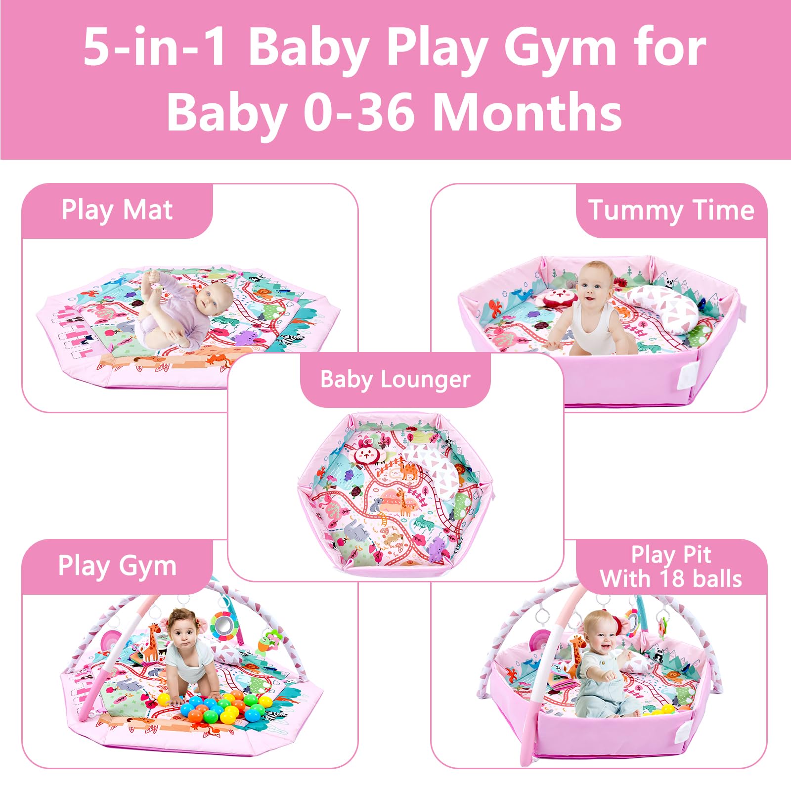 TFDER Baby Gym Play Mat, 8-in-1 Tummy Time Mat & Activity Gym, Washable Ball Pit, Infant Play Mat with Detachable Toys for Sensory Exploration and Motor Skill Development