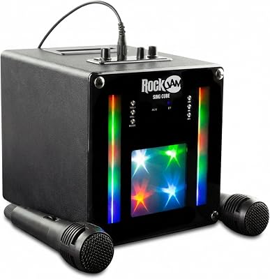 Macchina per karaoke Bluetooth ricaricabile RockJam da 10 Watt con due microfoni, spettacolo di luci ed effetti vocali
