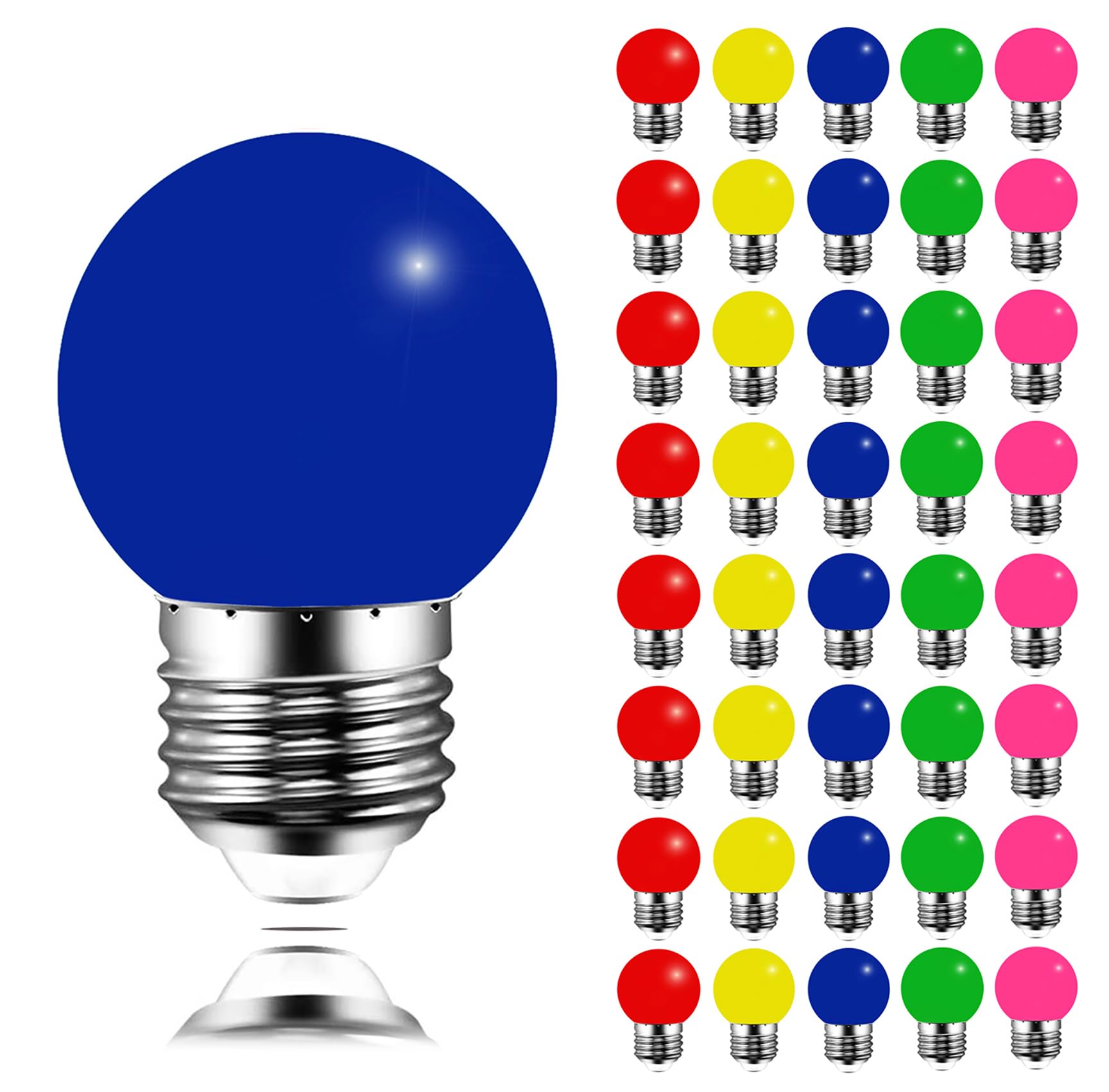 MAYCOLOR 40 Pack Coloured LED Bulbs Golf Ball E27 3W, Not dimmable, Garden Light Bulb, Multicoloured Bulbs for Outdoor Indoor String Wedding Party Bar Mood Ambiance Decor (Red Yellow Blue Green Pink)