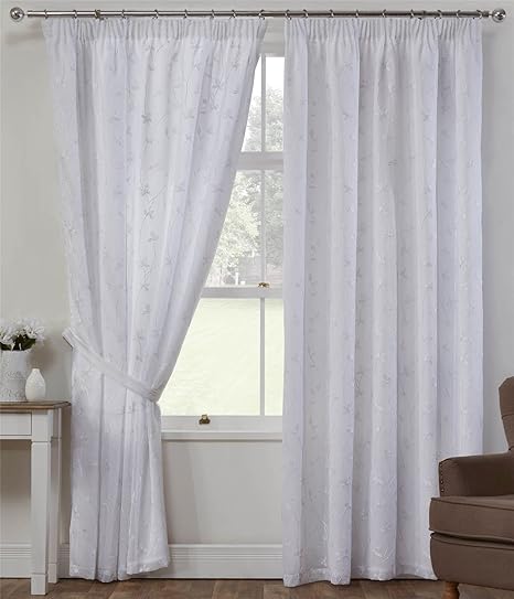 Cindy Lined Voile Curtains 90 X 72 Embroidered Floral Leaves