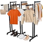rcqeuiol Clothing Display Racks for Retail, Floor Standing Metal Garment Rack with Wheels, 6 Arms Heavy Duty Retail Display Racks for Hanging Clothes, Adjustable Shirt Rack, Black