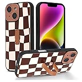 Compatible with iPhone 14 Case with Finger Strap, Aesthetic Checkerboard Checkered Phone Case with Adjustable Wristband Kickstand for Women Girls, Full Camera Protection Silicone Cover - Brown