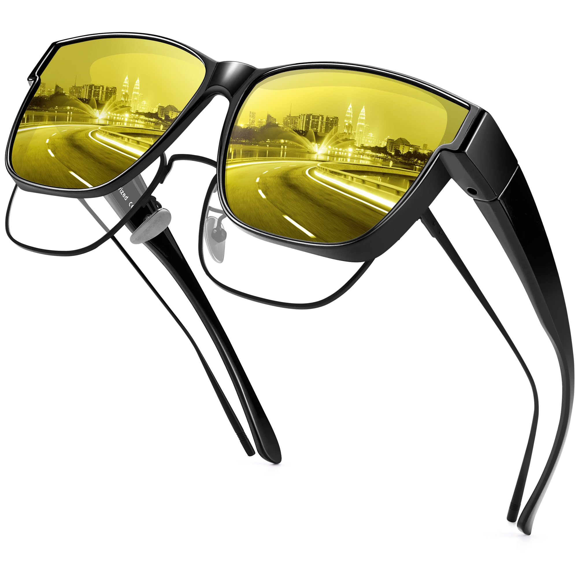 Photo 1 of URUMQI Night Vision Driving Glasses Fit Over Eyeglasses for Men Women, Anti Glare Polarized Nighttime Glasses Oversized Yellow Lens