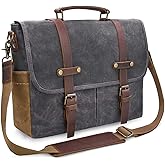 Mens Messenger Bag 15.6 Inch Waterproof Vintage Genuine Leather Waxed Canvas Briefcase Large Satchel Shoulder Bag Rugged Leather Computer Laptop Bag, Grey