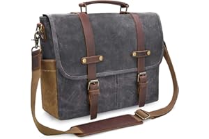 NEWHEY Mens Messenger Bag 15.6 Inch Waterproof Vintage Genuine Leather Waxed Canvas Briefcase Large Satchel Shoulder Bag Rugged Leather Computer Laptop Bag, Grey
