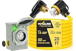 YOMILINK 50 Amp 20 Feet Generator Cord with Inlet Box Kit, Heavy Duty 6/3+8/1 AWG STW Wire, NEMA 14-50P to SS2-50R Twist Locking, Newly Designed 90 Degree Grip Handle for Generator to House