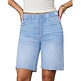 LOOKUB Women's Raw Hem Denim Bermuda Shorts Mid-Rise Long Jorts Baggy Pull On Strechy Jeans Shorts with Elastic Waist