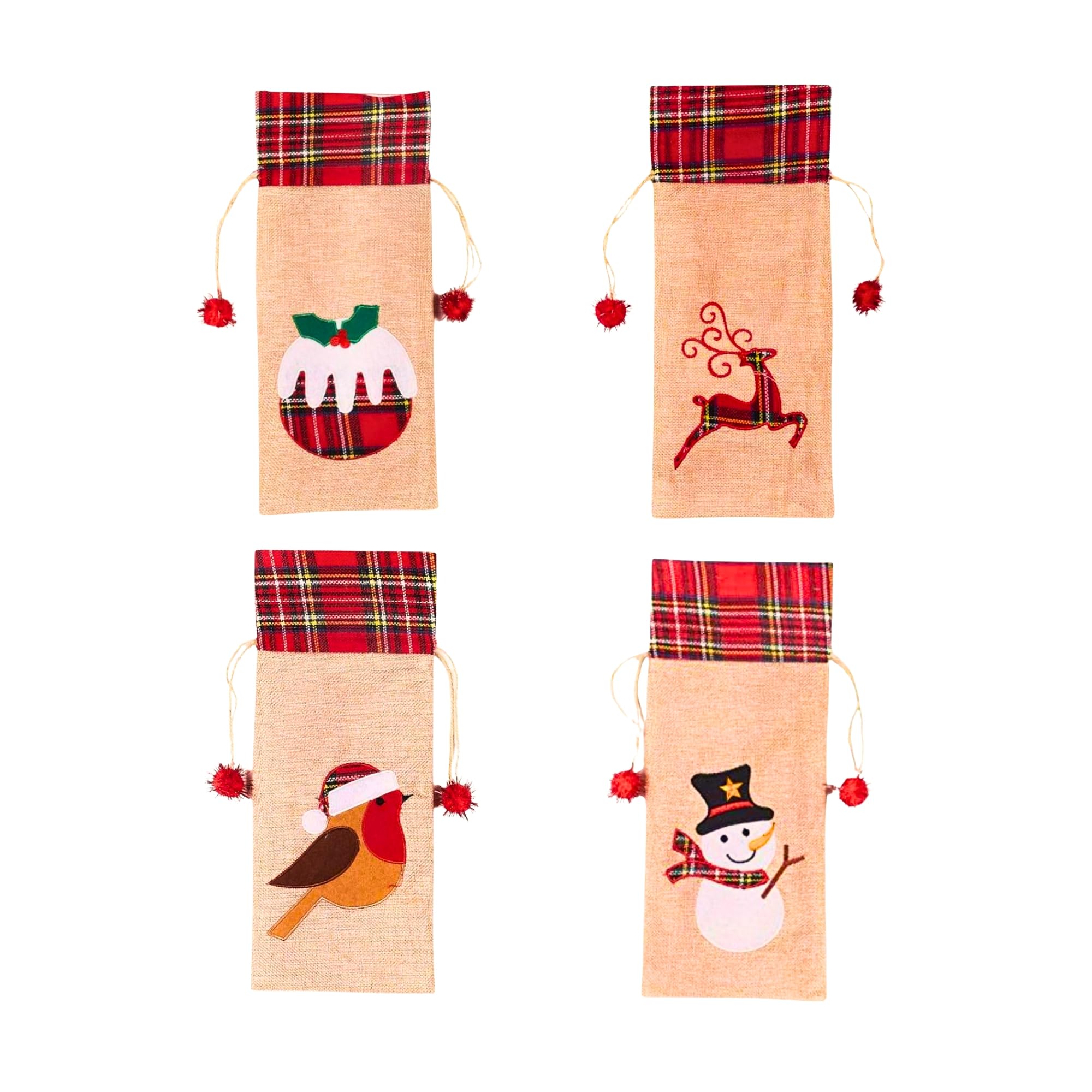 4Pcs Christmas Bags Wine Bottle Covers, Festive Burlap Hessian Linen Liquor Bottle Wrap with Drawstring Closure, Printed Novelty Xmas Table Decoration for Dinners and Parties