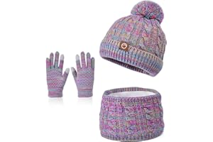 ACAREU Kids Winter Hat Gloves Scarf Set Beanie with PomPom Fleece Lined Warm Touch Screen for Boys Girls Christmas Gift