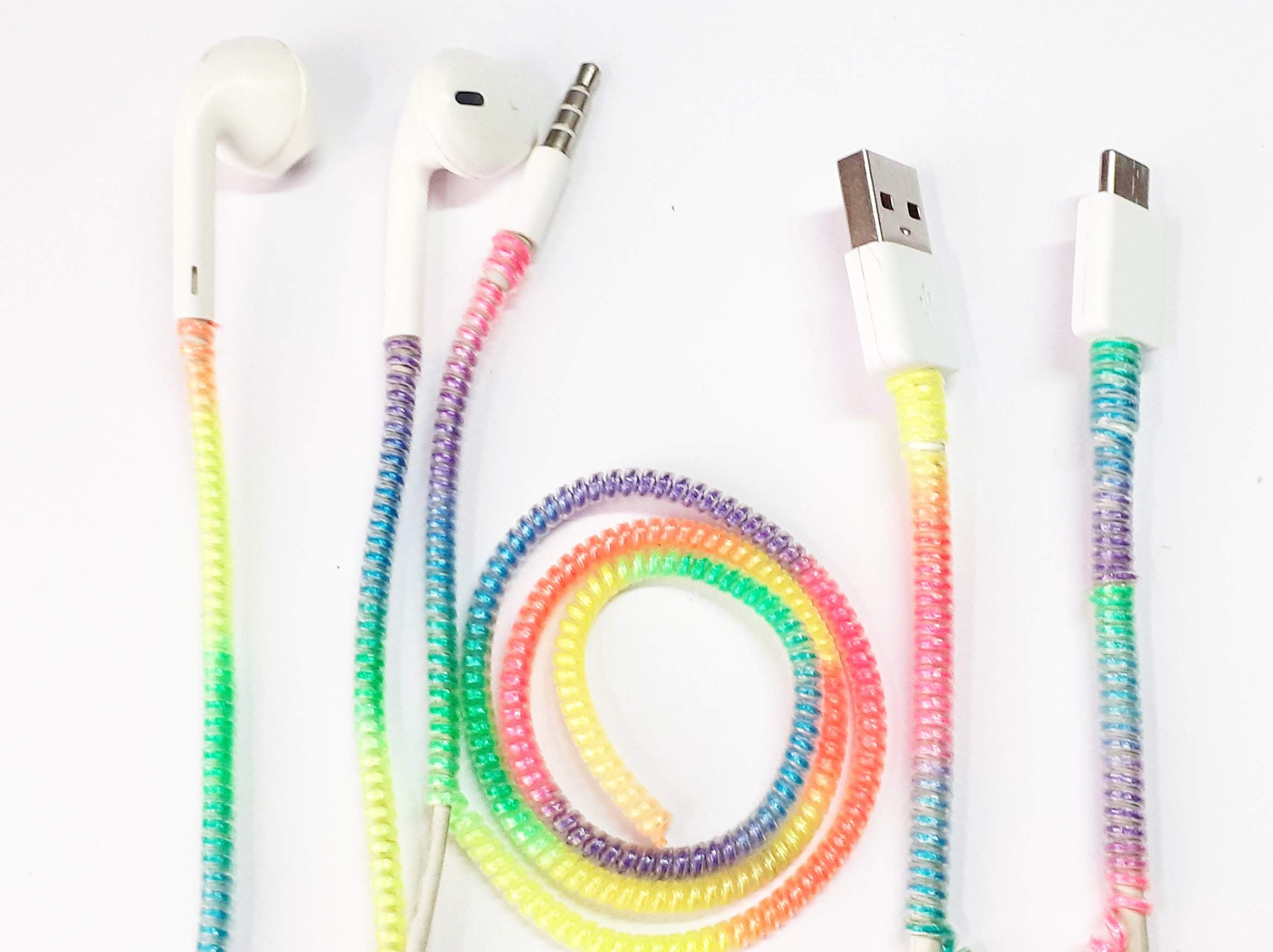 Smile Pick 6Pcs Rainbow Color Earphone Charger USB Mobile Tablet TPU Spiral Cord Protector for iPhone Android,Length 50cm (Multicolor)-Pack of 6
