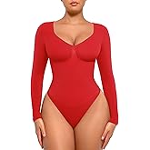 FeelinGirl Women's Long Sleeve Shapewear Bodysuit for Tummy Control Seamless Body Suits Thong V Neck Going Out Tops