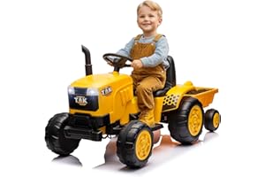 Joywhale 12V Kids Ride on Tractor with Trailer Battery Powered Motorized Electric Car for Kids Ages 3-6, with Detachable Trailer, 2.4G Remote Control, Bright Headlight, Yellow