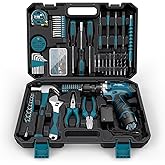 Sundpey 206PC Portable Basic Home Tool Kit Set with 12V Cordless Drill Blue | with Adjustable Wrench &amp; 2 Pliers &amp; Hex Keys &amp; Hammer &amp; Case, for Men Women, for Household House Garage Apartment Dorm Office