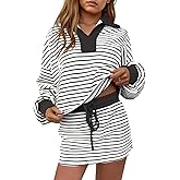 aswulk Womens Striped 2 Piece Outfits Long Sleeve Sweatshirt Skirt Sets V Neck Lounge Sets