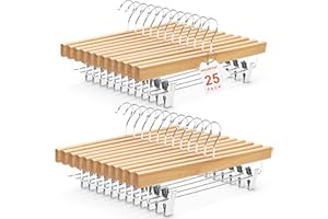 HOUSE DAY Premium Wooden Pants Hangers 25 Pack, Solid Lotus Wood Skirt Hangers with 2-Adjustable Clips, Heavy Duty & Anti Slip Wood Bottom Hanger for Slacks, Jeans, Trousers, Shorts (Natural)