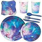 BLUE PANDA 168-Piece Space Birthday Decorations Set - Serves 24, Blue Galaxy 9" & 7" Plates, 9-Oz Cups, Napkins & 6" Cutlery - Moon & Stars Decor - Galaxy Party Cups & Cosmic Napkins