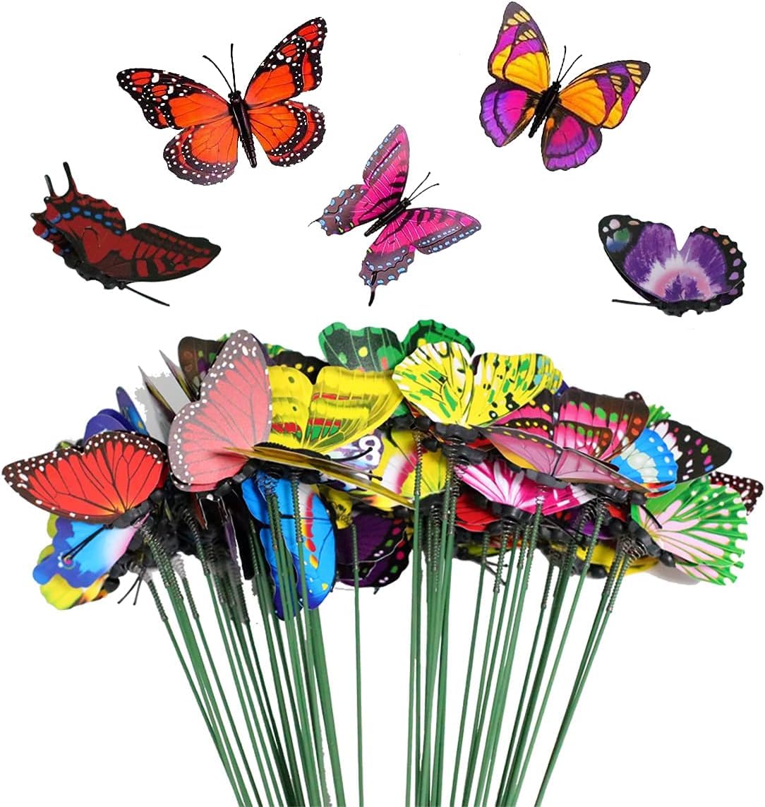 FANGZHE 50PCS Garden Butterflies Stakes, Colorful Garden Decorative Stakes, PVC Waterproof & Durable, Vibrate in Breeze, Multi-Angle Display, Indoor/Outdoor Use