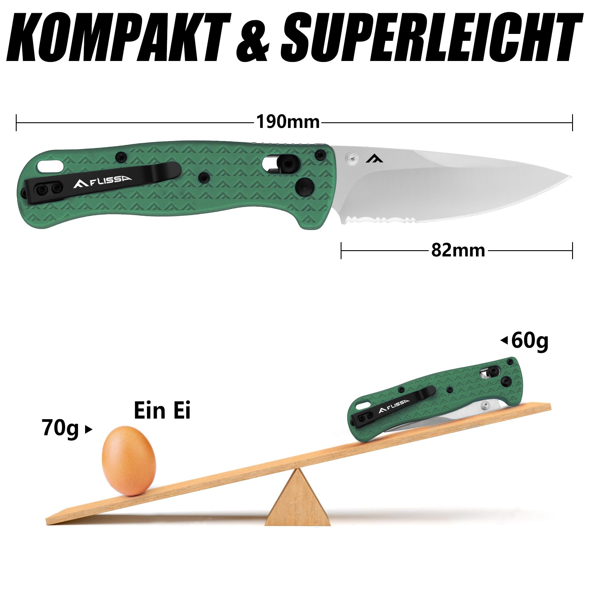 FLISSA Taschenmesser Klappmesser, AUS-8 Edelstahl, Scharfes Outdoor Messer mit Taschenclip, Klappbares Taschenmesser EDC Messer für Outdoor Jagd Camping, Grün 2