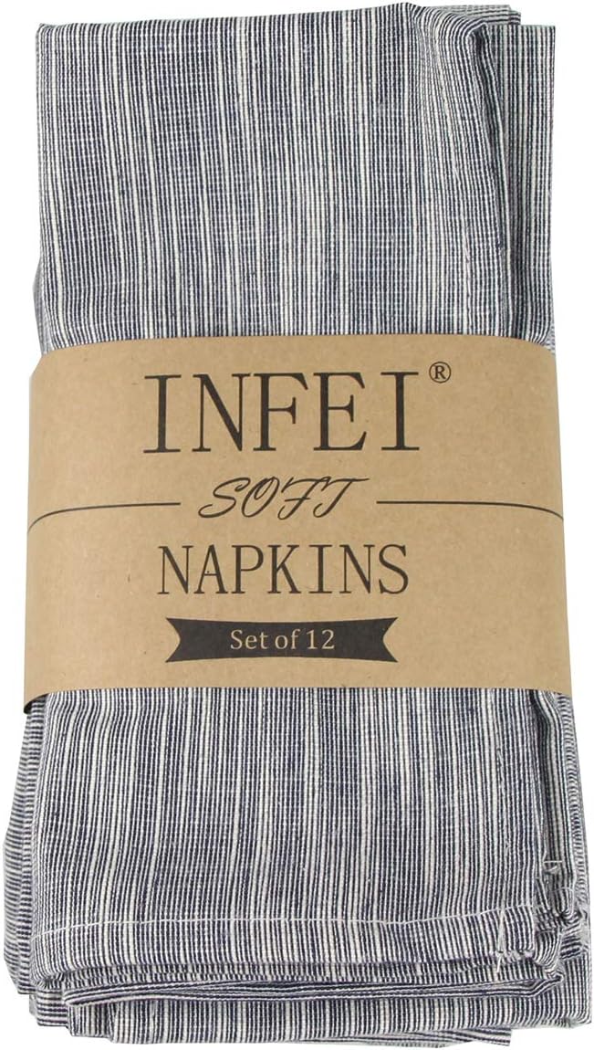 INFEI Vintage Grain Linen Cotton Dinner Cloth Napkins - Set of 12 (17 x 17 inches) - for Events & Home Use (Navy)
