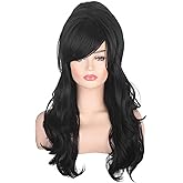 AMZCOS Women Black Beehive Wig Long Curly Wavy Bouffant Heat Resistant Synthetic Hair wigs for Womens Vintage Costume Cosplay Halloween Party