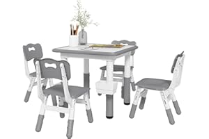 Qaba 5 Pieces Kids Table and Chair Set, Height Adjustable Toddler Table and Chair Set with Storage, Activity Graffiti Desktop
