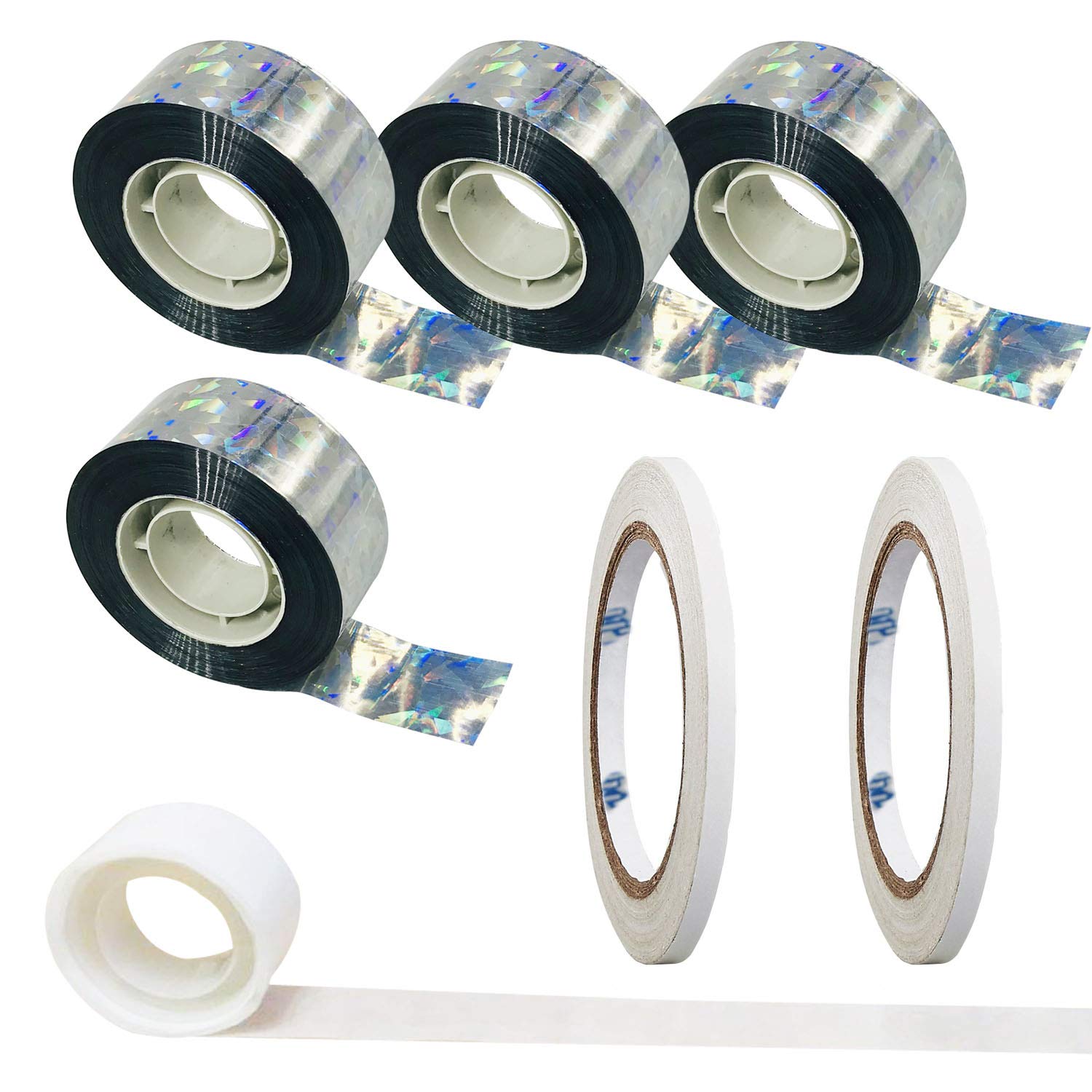 Allazone 4 Roll 1050 Feet Bird Repellent Deterrent Reflective Scare Tape, Glue Point and Double Sided Tape, Double Sided Bird Repellent Scare Tape for Home or Garden (2.4 cm x 320m/ 1050ft)