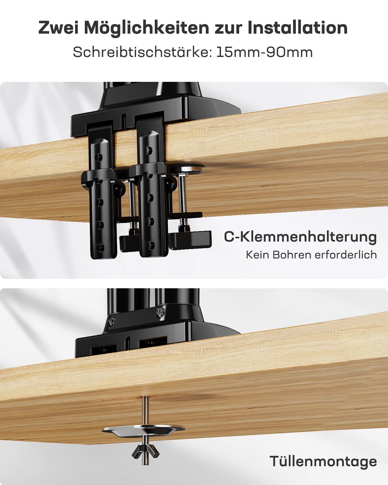 HUANUO Monitor Halterung 2 Monitore für 13 bis 32 Zoll Bildschirme, Bildschirmhalterung 2 Monitor, Gaming Monitorhalterung 2 Monitore - 360° Drehbar, 2 Montageoptionen, VESA 75 & 100 (Schwarz) 6