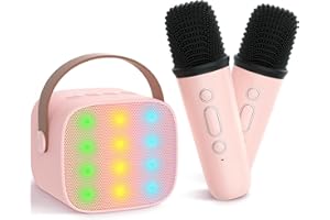 HEETIPUK Karaoke Machine for Kids&Adults,Mini Portable Bluetooth Speaker with 2 Wireless Microphones Support TF Card,Karaoke Speaker with Dazzling Lights,Toys GIFS for Kids Home Party Birthday (K1-Pink)