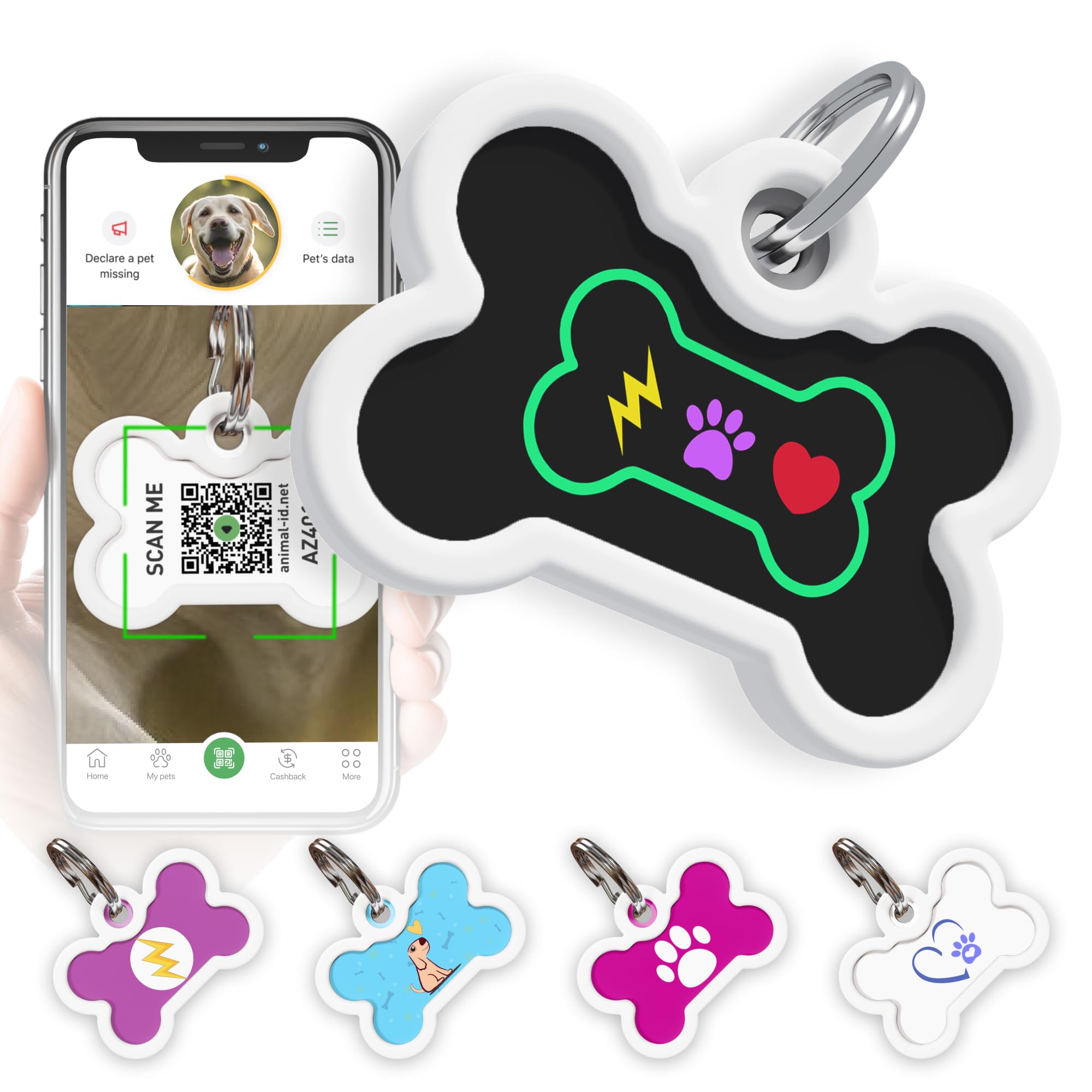 QR Code Dog Tag Silent Id Pet Tags Personalized Name Plate with Online Profile (Bingo Bone, Bone)